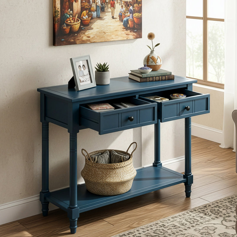 Console de 35,34 po avec deux tiroirs de rangement et une tablette inférieure, structure en bois massif, style moderne élégant, entrée, salon, chambre à coucher