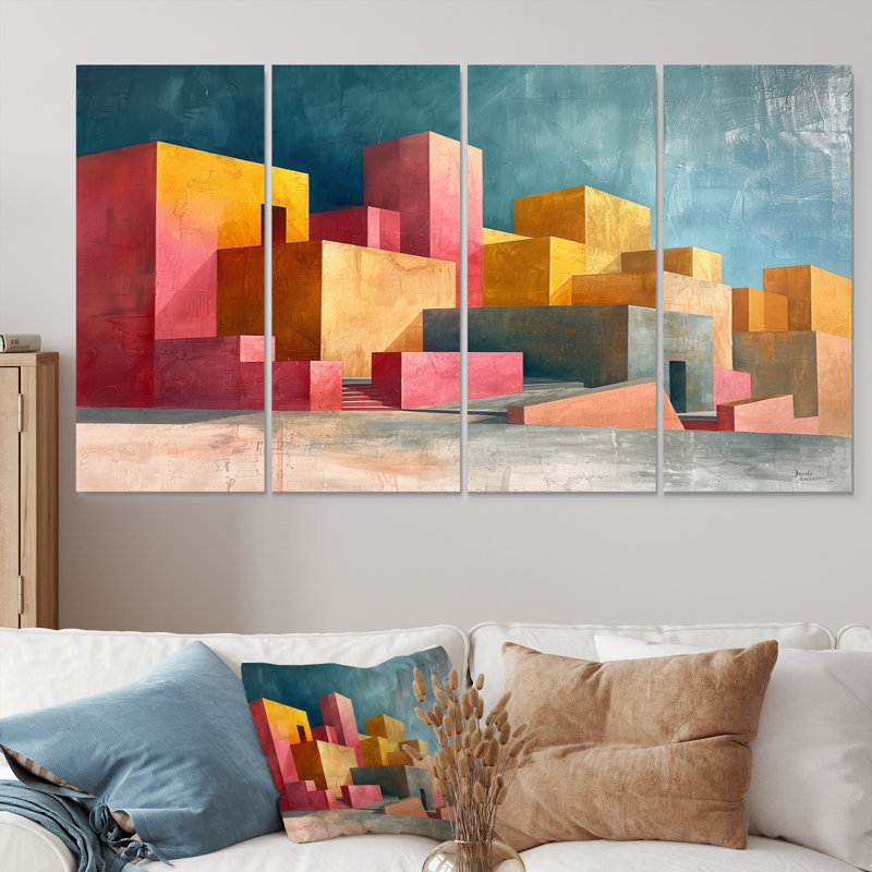 Art marocain sur toile rose et jaune Architecture du Maroc, H 32 po x l 64 po