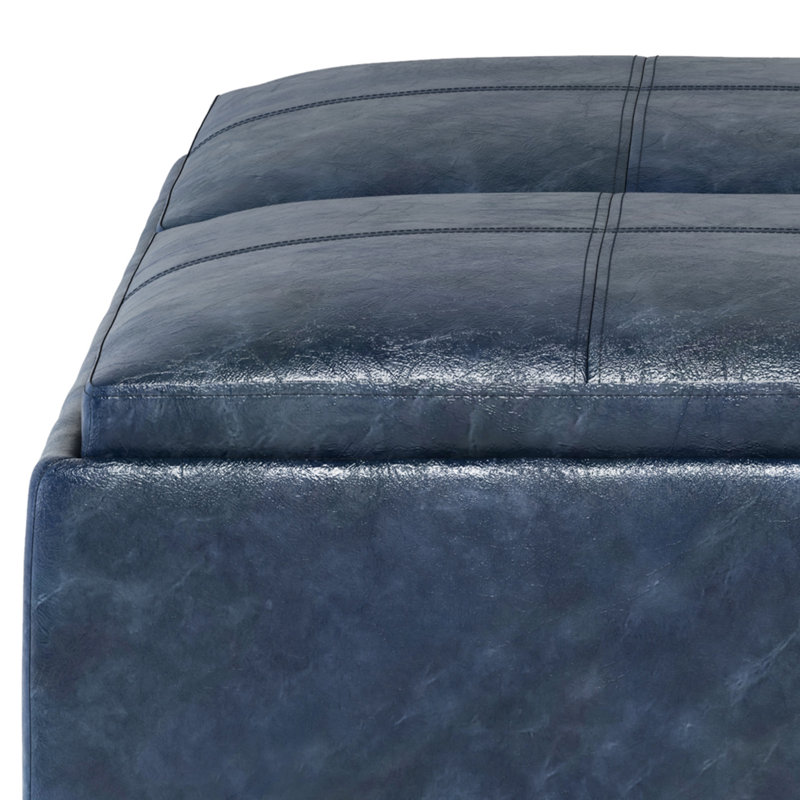 Avalon Denim Blue Square Storage Ottoman with Flip Trays