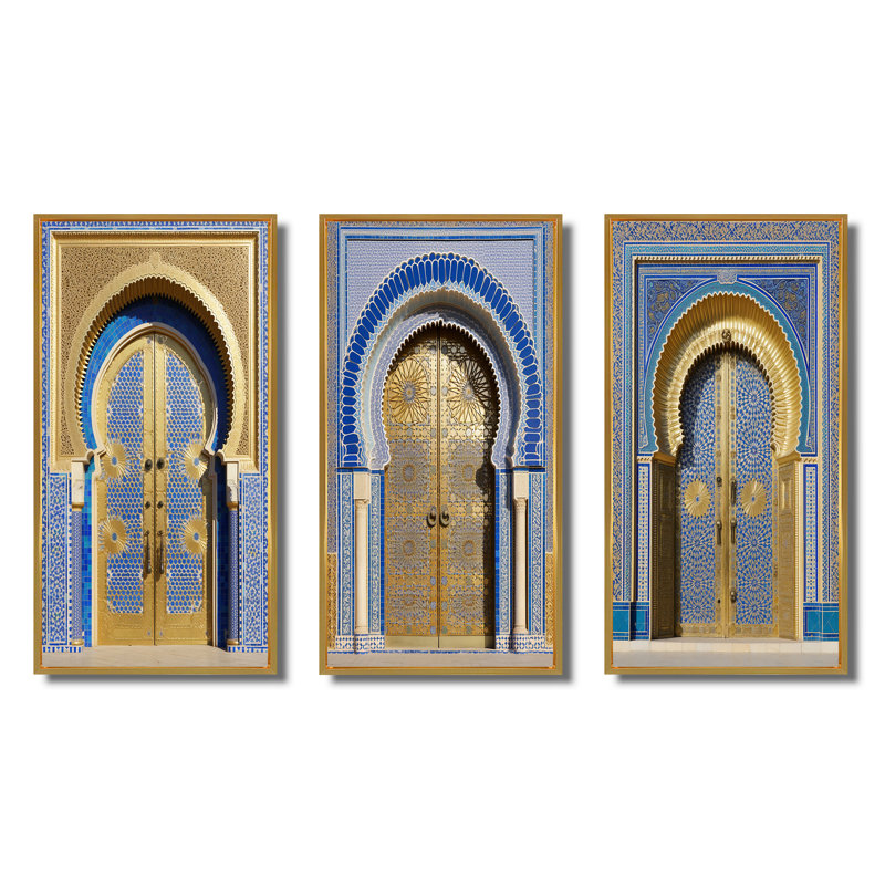 "Morroco Palace Golden Doors", 3 pièces sur toile, Cadre flottant doré, H 28 po x l 36 po