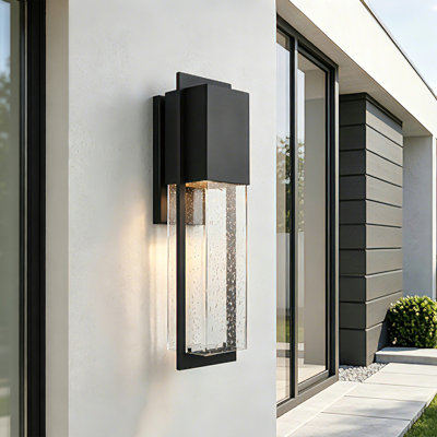 Alvime 19.5" H Modern Outdoor Wall Mount Lantern with Seedy Glass Shade