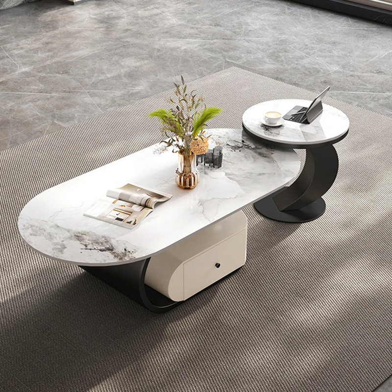 Ensemble de tables basses ovales en ardoise avec tiroir, 16.53" H x 51.18" L x 27.55" W, Blanc / Gris