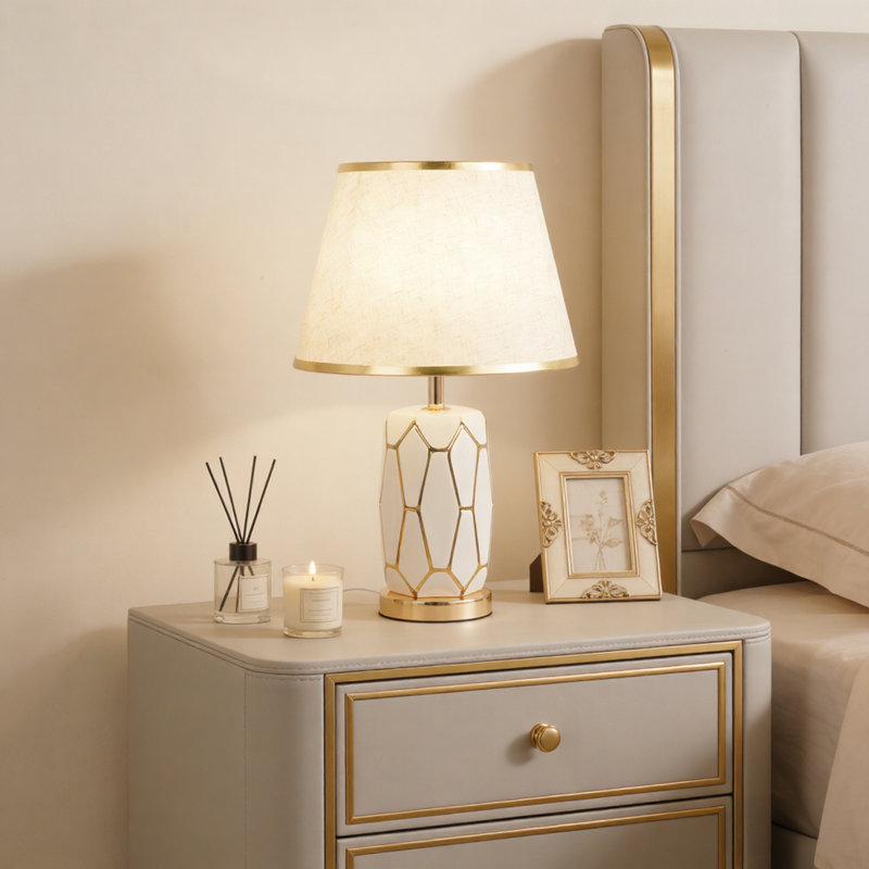 Evadne White/Gold Ceramic Geometric Table Lamp, 3-color Bulb Included