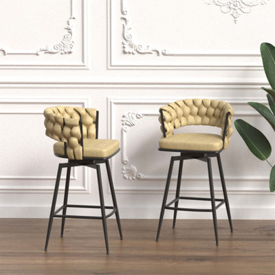 28 Inch Technical Leather Woven Bar Stool Set, 360 Swivel Counter Chairs With Backrest And Footrest For Kitchen Islands