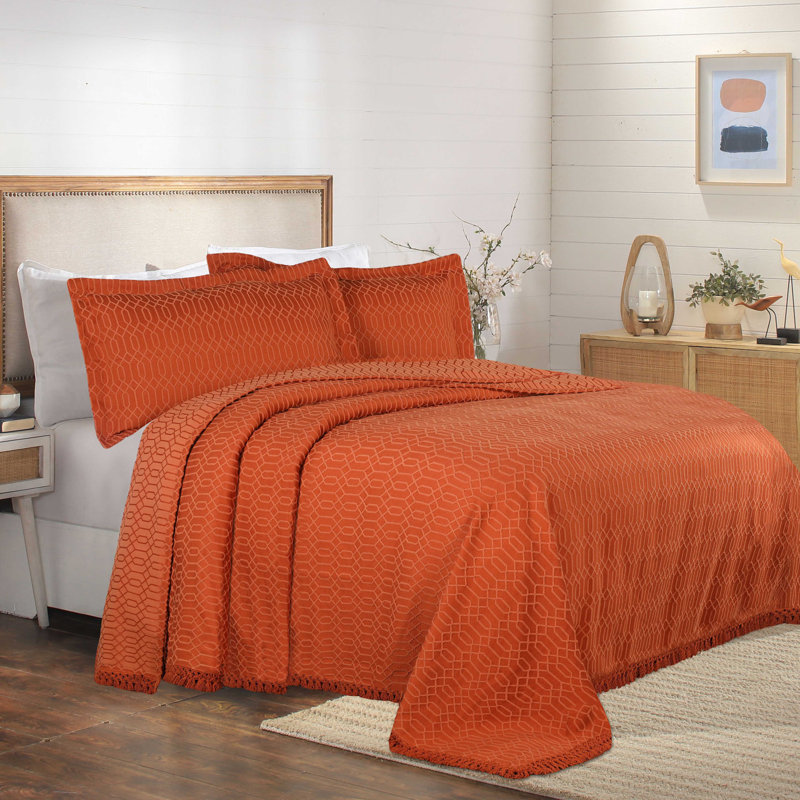 Remi All Season Breathable Jacquard Geometric Fringe Cotton-Poly Blend Bedspread Set With Shams, Rust, King 3Pc Bedspread Set