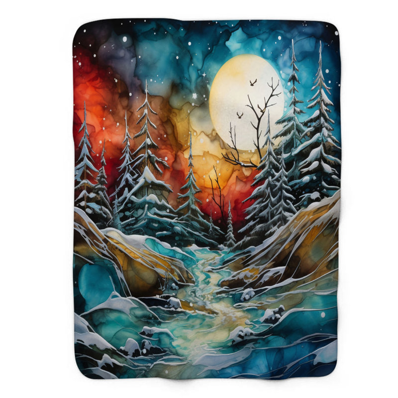 Encre de paysage d'hiver - couverture Sherpa de qualité supérieure 1 pièce, Grand lit