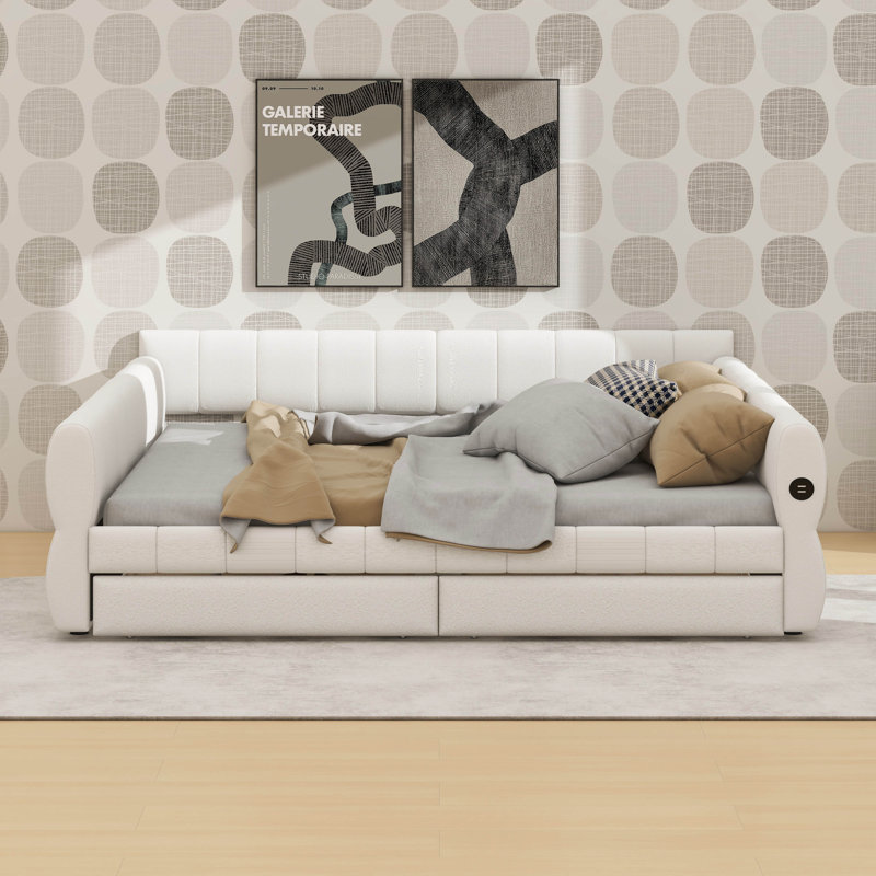 King Size Upholstered Platform Bed Frame With USB Ports & 2 Storage Drawers, Modern Lambswool Fabric Daybed Frame With Armrests