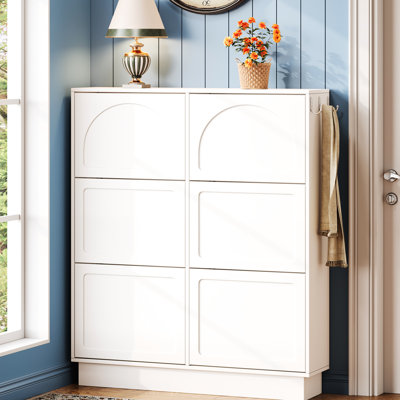 Adjustable Shelf Modern Shoe Cabinet With 6 Flip Drawers, 3 Hooks, Narrow Tipping Bucket, Space Saving, Cream Aesthetic, White Finish, , - Tip Devices, Air Circulation Holes Partitions Colored Double