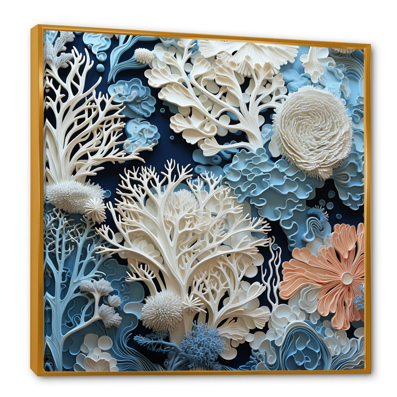 Under Water Blue and White Corals Collage I - Coastal, reproduction sur toile encadrée, Cadre flottant doré