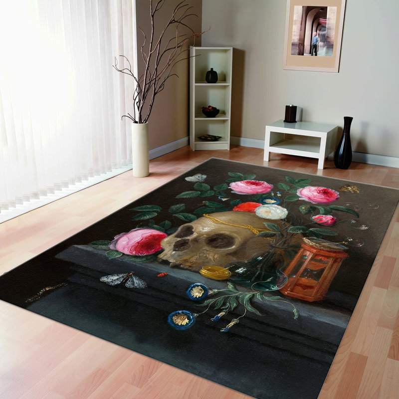 Floral Elegance Non Woven Soft Type Printed Rug with Artistic Blossom Motifs in Vibrant Blue and Red Tones Perfect for Living Room or Bedroom Decor