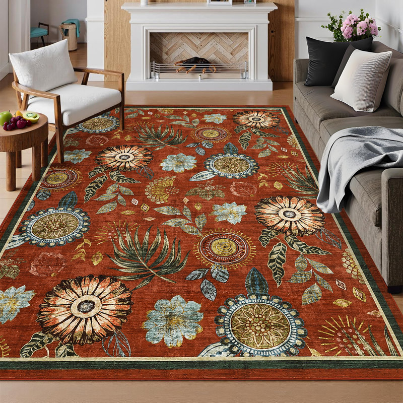 Floral Machine Washable Rug with Non Slip TPR Backing, Non Shedding Soft Low Pile Rug for Living Room Bedroom Nursery