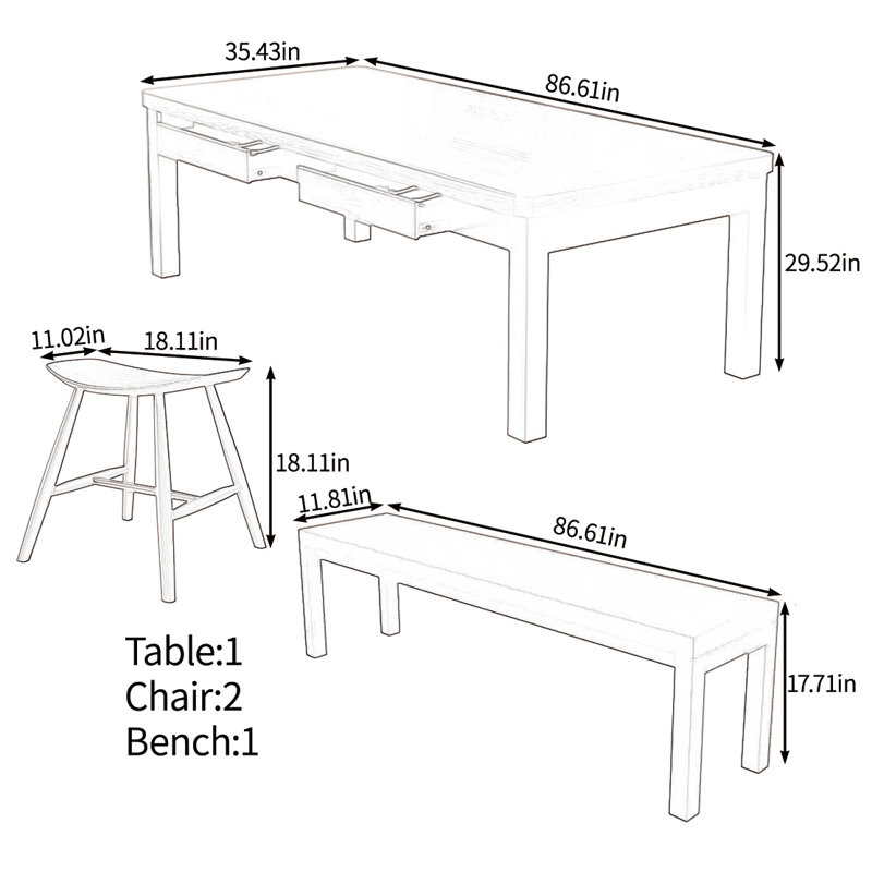 Solid wood multifunctional table set, 29.52"H x 86.61"L x 35.43"W