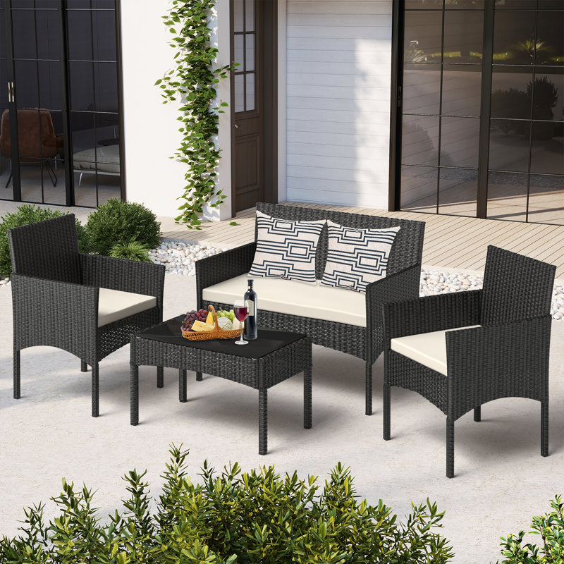 4 PCS Outdoor Seating Group with Cushions for 4 Person, Black/Khaki