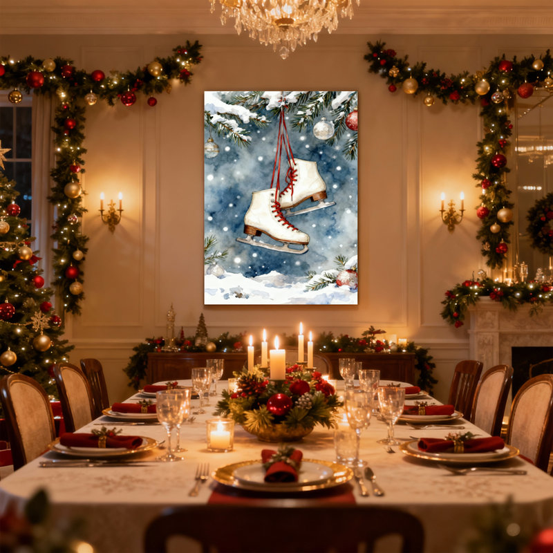 Patins à glace de Noël suspendus à des branches de pin, ensemble de 3 impressions sur toile, H 36 po x l 24 po
