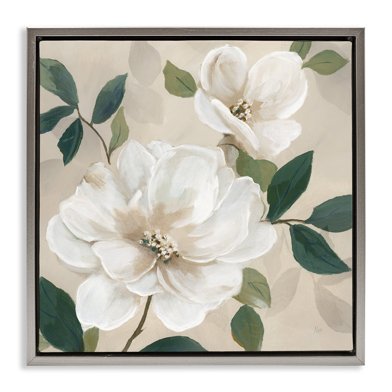 Cadre flottant Serene White Magnolia Study, design par Nan, H 25 po x l 25 po, Cadre flottant gris lustré