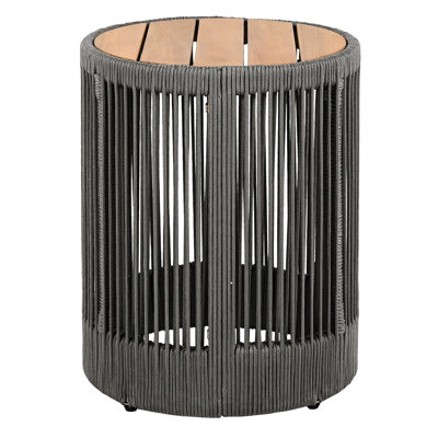 Outdoor Garden Side Table With Rope And Wood - 18.13-Inch Height, 15-Inch Wide, High, Depth, Versatile For Bedroom Nightstand Use