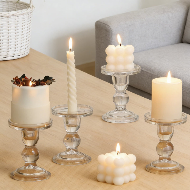 Set Of 4 Clear Glass Candle Holders For Pillar, Taper, And Tealight Candles, Vintage Style Centerpiece For Wedding, Christmas, And Home Table Decor