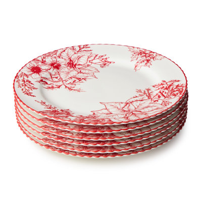 Ensemble de 6 assiettes Crimson Noel - Six assiettes en porcelaine blanche de 10,5 pouces dans des motifs de toile cramoisie assortis, apportant un drame botanique audacieux à chaque décor de vacances.
