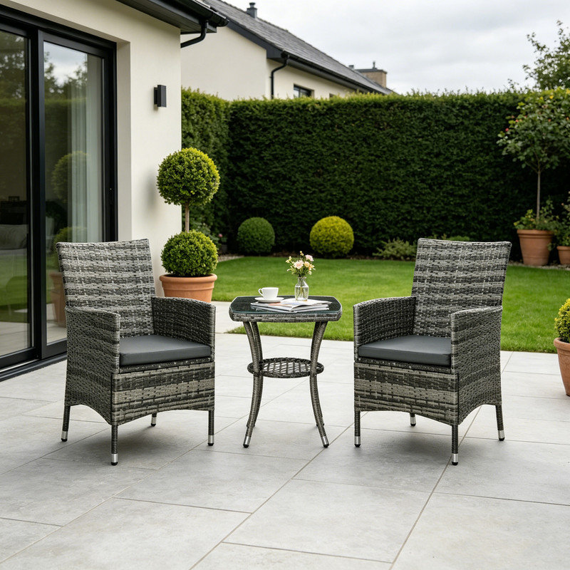 3 Piece Rattan Bistro Set Mixed Grey Wicker Garden Furniture with 2 Tier Coffee Table and Chairs Washable Cushions for Outdoor Patio Balcony