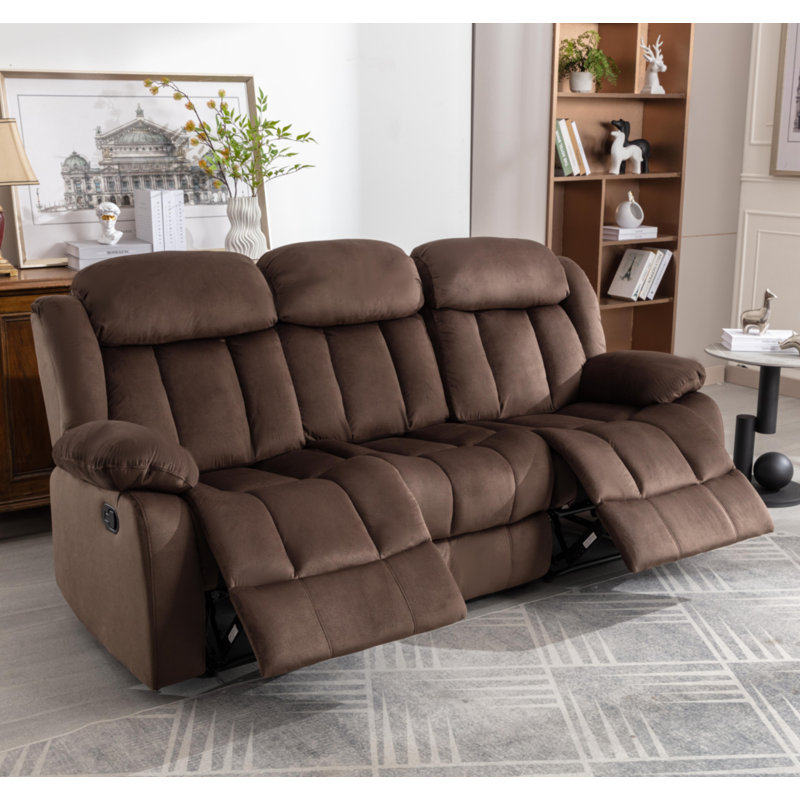 84" Manual Reclining Microsuede Sofa, 3-Seater Recliner Couch with Pull Tab for Living Room, Brown