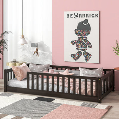 Giezi Kids Twin Floor Platform Bed with Fence