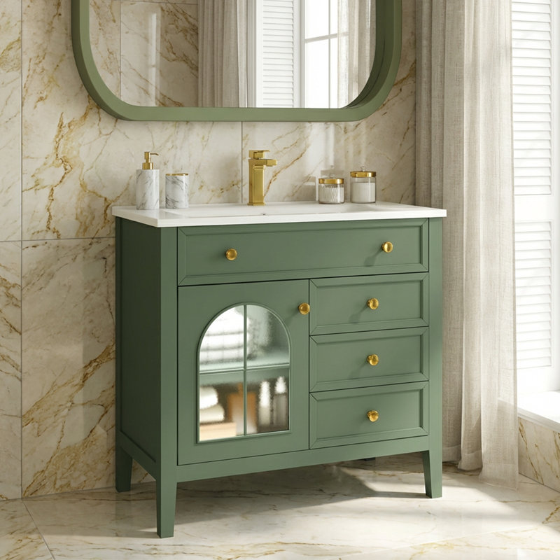 Meuble-lavabo de salle de bain 35,6 po Mid-Century avec deux portes en verre à motif et bande lumineuse à capteur de mouvement