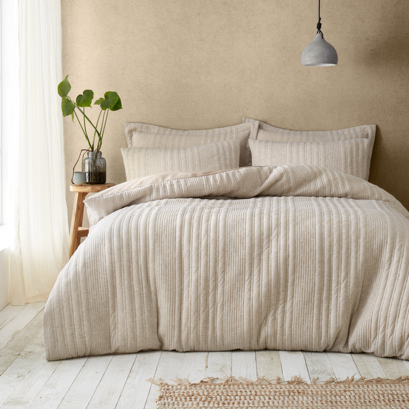 Tamba Jersey Stripe Double Duvet Cover Set with Pillowcases, Double Duvet Cover + 2 Standard Pillowcases, Beige