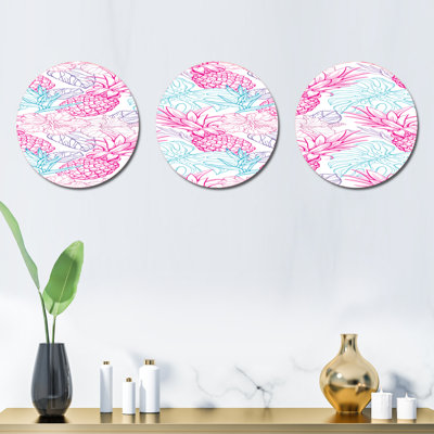 Motif coloré avec fleurs tropicales et ananas - ensemble de décoration murale moderne en métal