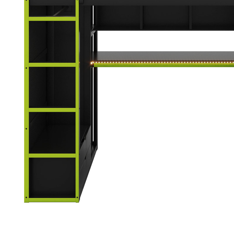 Full Size Wood Loft Bed With Desk,Wardrobe And RGB LED Light, Green