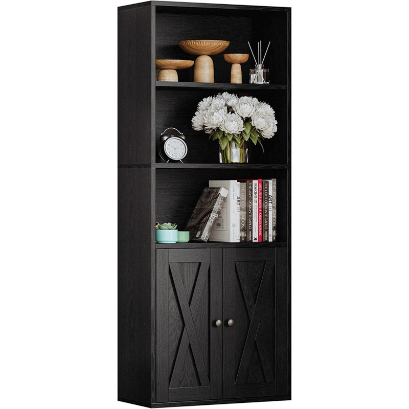 Bibliothèque industrielle à 5 niveaux avec portes, bibliothèque de rangement au sol de 11,8 pouces de profondeur pour la maison, le bureau, le salon ou la chambre à coucher