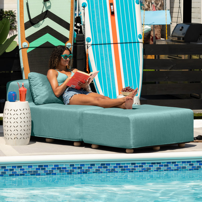 Vada Outdoor Sun Lounger – Luxury Modular Chaise & Ottoman With Sunbrella Fabric & Waterproof Cover - Sunbrella Breeze, Green