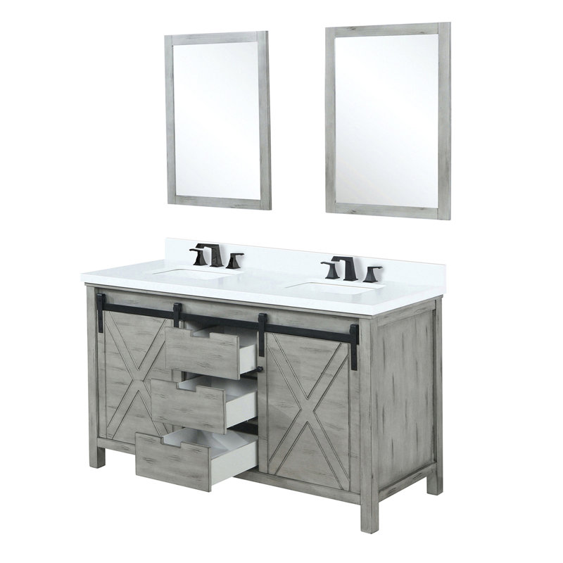 Meuble-lavabo double gris cendré 60 po, comptoir en quartz blanc, robinet inclus, 24 po Miroir - gris construction, surface supérieure, robinet et surface résistante aux taches