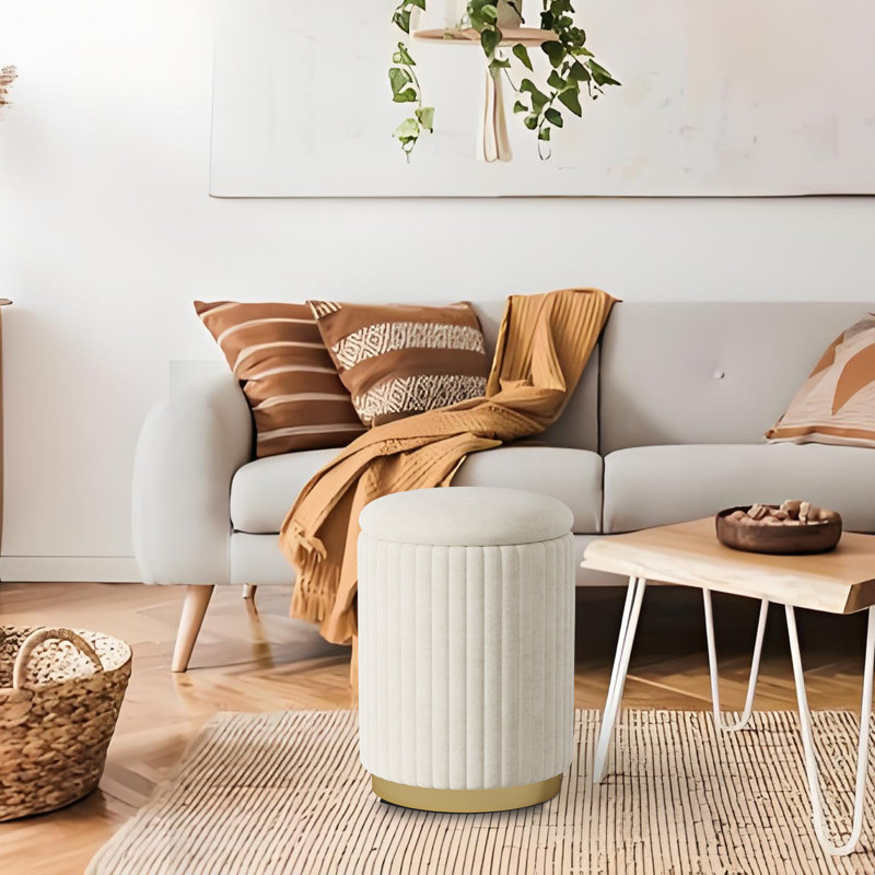 Jaishawn 12.6“ Round Velvet Upholstered Ottoman with Storage, White Fabric