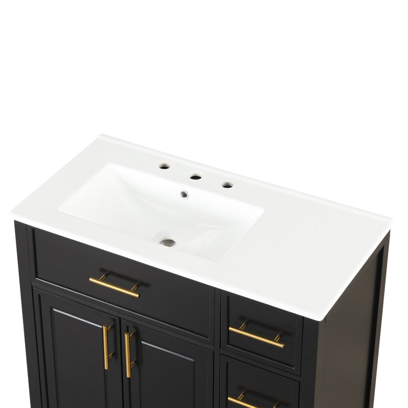 Comptoir de meuble-lavabo 36 po, armoire en bois massif avec 2 portes et 3 tiroirs, livraison en paquet, Black