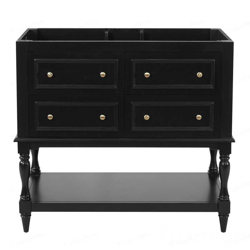 Armoire de salle de bain 36 po, ensemble de meuble-lavabo autoportant avec 4 tiroirs, structure en bois massif, Noir