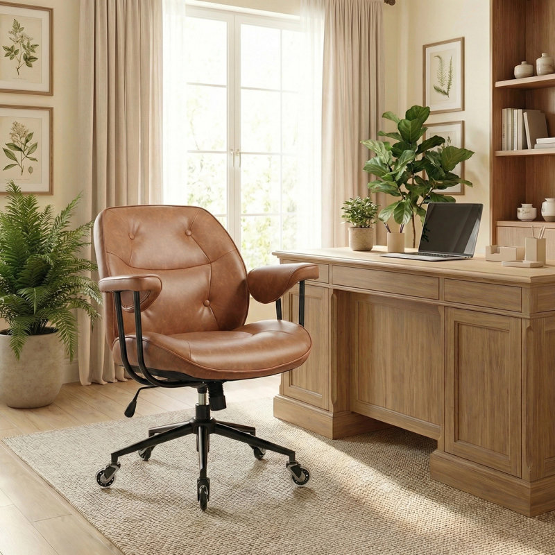 Ergonomic Leather Office Chair with Rocking Function, 360° Swivel, and Scratch-Resistant Upholstery – Retro Tufted Design, High-Back Desk Chair for Home Office, Gaming, or Study