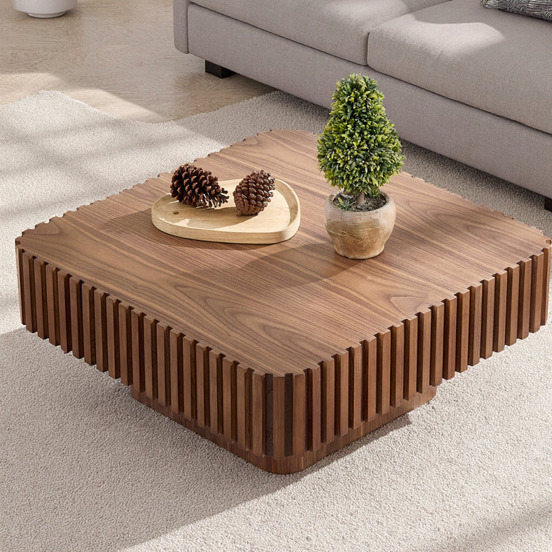 Table basse cylindrique moderne de 31,5 pouces fabriquée à la main, plateau carré en placage de bois avec piédestal robuste en panneau de fibres à densité moyenne, conception compacte pour le salon, table d'appoint de faible encombrement