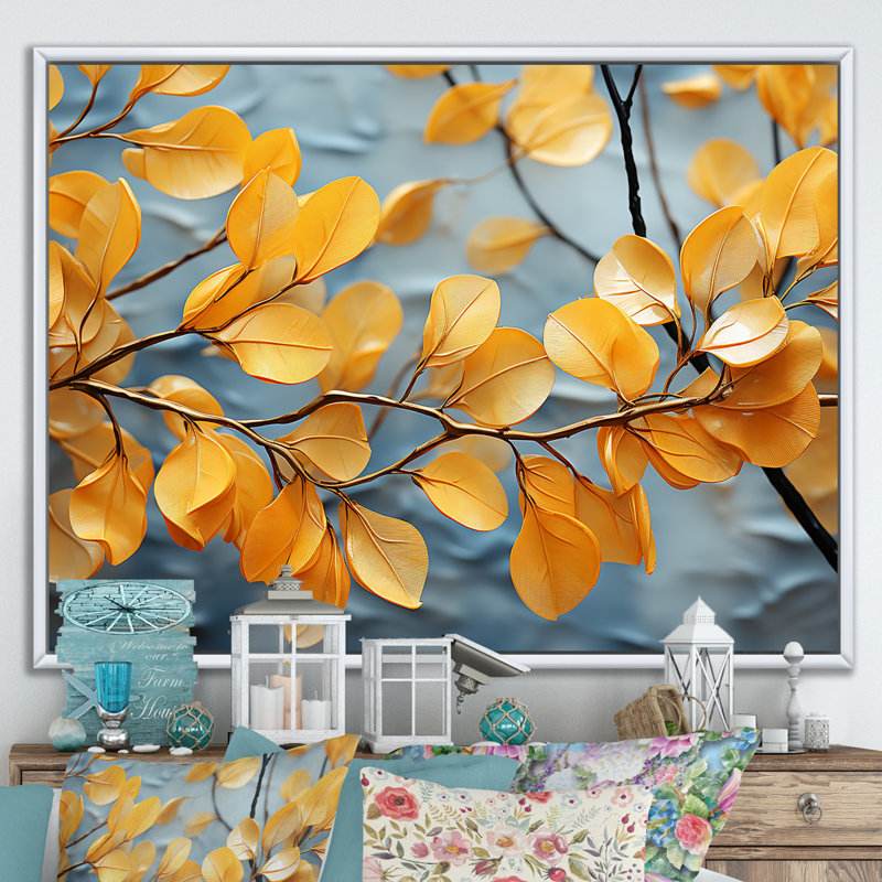 «Golden Foliage Leaves I» sur toile, Cadre flottant blanc, H 24 po x l 32 po x P 1 po