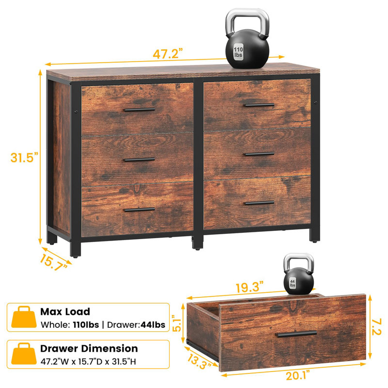 Commode 6 tiroirs, Brun rustique