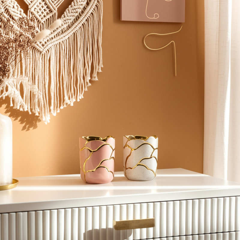 Storage Containers Ceramic And Stoneware Textured Boho Design Decorative Use Set Of 2 - 5" Ivory, Pink, Gold