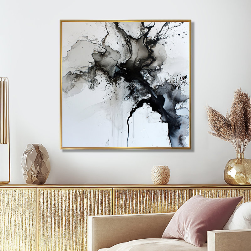 «Transcendent Mist Delicate Ink Clouds», reproduction d'art abstrait à l'encre liquide, Toile avec cadre flottant or