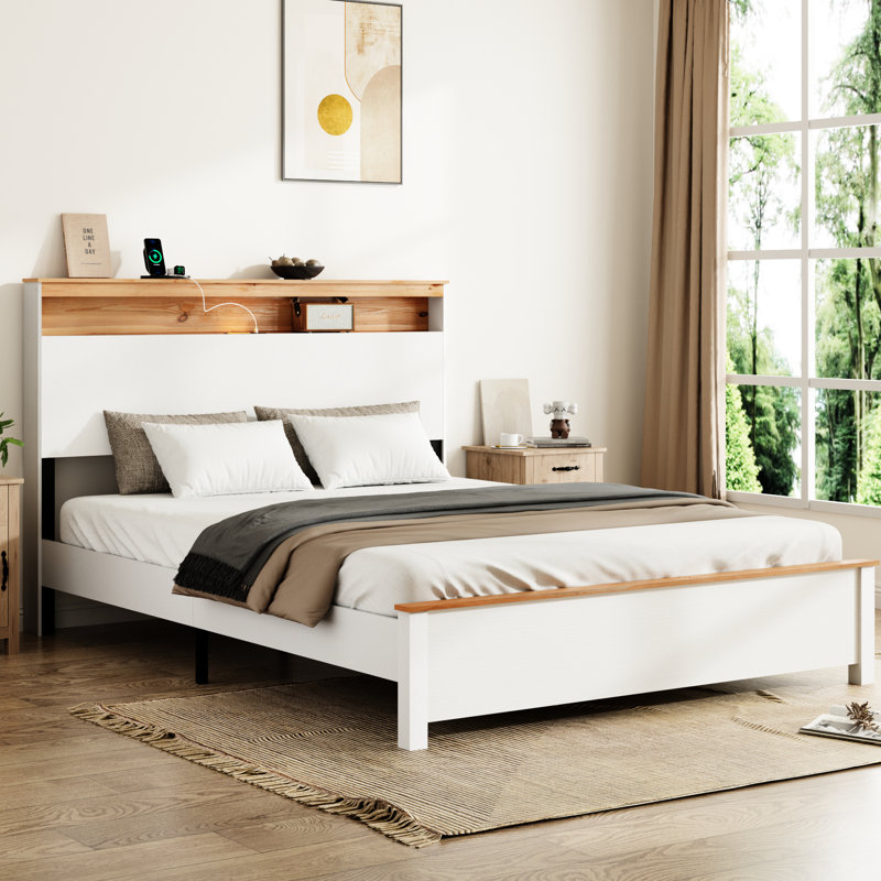Full Bed Frame With Storage Headboard And Charging Station, Led , Construction, American Traditional, Antique White, Under - Bed Metal Slats,