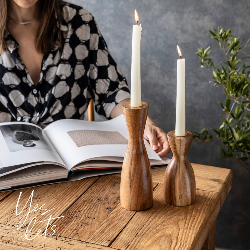 Traditional Acacia Wood Tall Tabletop Candlestick Holders