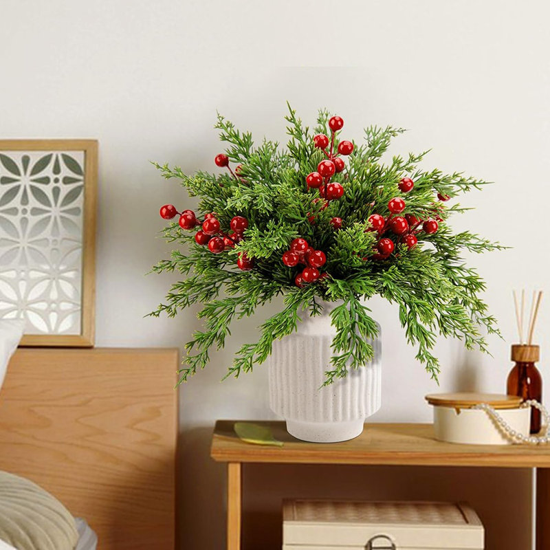 60 Pcs Christmas Artificial Pine Branches With Red Berry Stems- 10.5" Faux Evergreen Norfolk Pine Cypress Leaves Stems- Fake Foliage Pine Needles Picks For DIY Craft Garland Home Decor