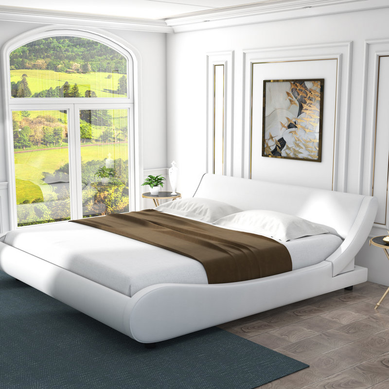 Charilyn Upholstered Profile Sleigh Bed with Faux Leather Headboard,No Box Spring Needed, Full, White