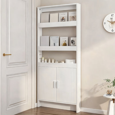 70.86" Behind the Door Bookshelf, Narrow Slim Storage Rack with Open Shelves & Closed Cabinet, Freestanding Storage Rack for Living Room, Kitchen, Bathroom, Bedroom