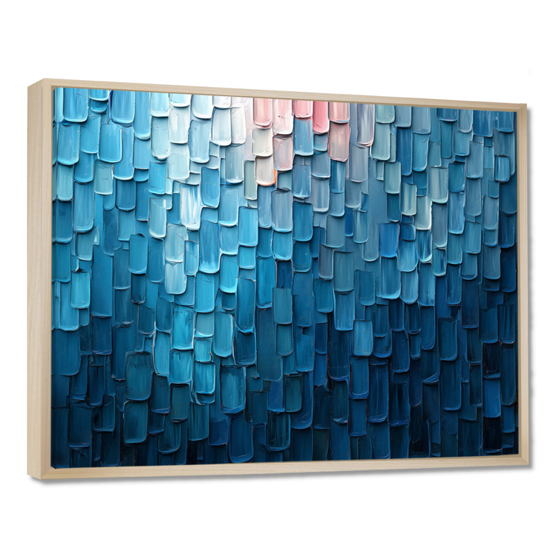 «Drip Paint of Blue Cubic Matrix I», art mural peinture au goutte à goutte, H 12 po x l 20 po, Floater Framed, Natural