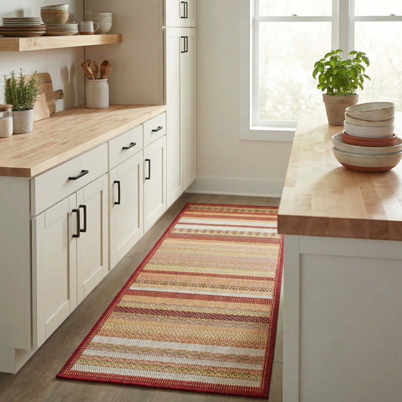 Tapis d'intérieur / extérieur bourgogne / beige Terrill, Tapis de couloir 2 pi x 7 pi 10 po