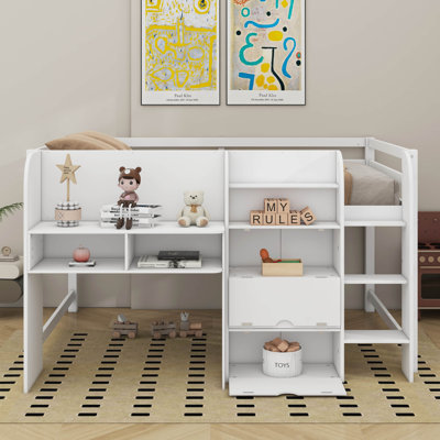 Full Size Low Loft Bed With Built-In Desk,Storage Cabinets And Open Bookcase