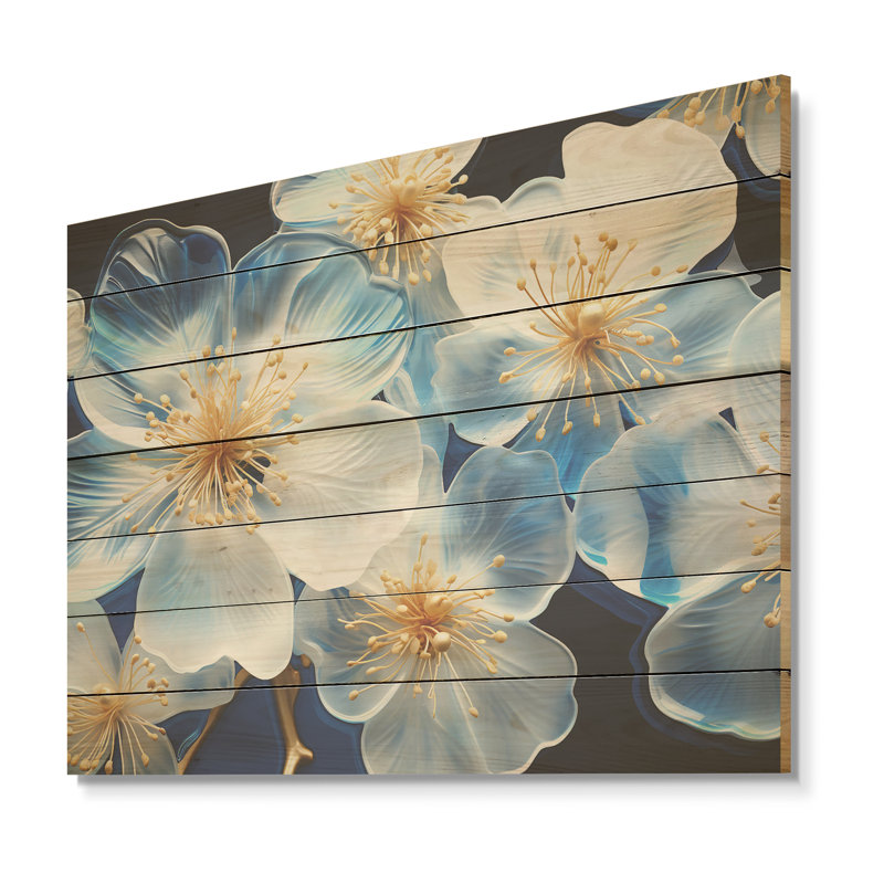 Coquelicots blancs et bleus tranquilles - coquelicots sur bois, H 10 po x l 20 po